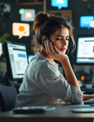 jeune femme fatiguée au travail avec plusieurs écrans en arrière plan